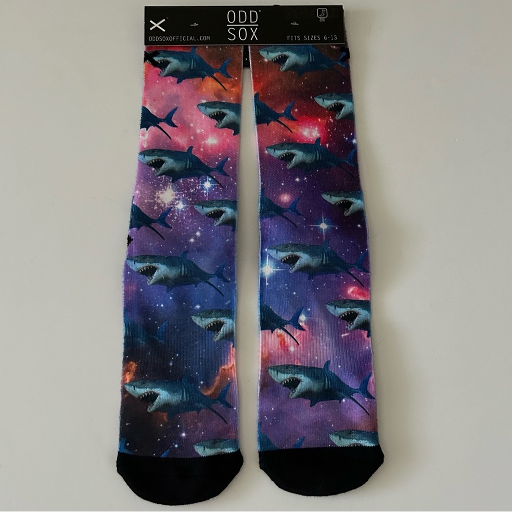 ⭐ ODD SOCKS Galaxy Space Shark Cotton Blend Crew Socks Size 6-13